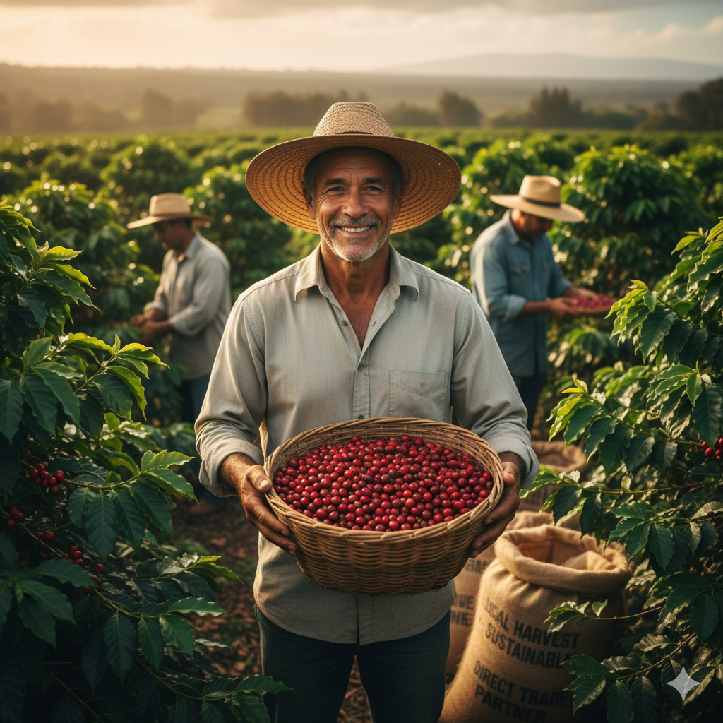 Farmer holding a basket of beans